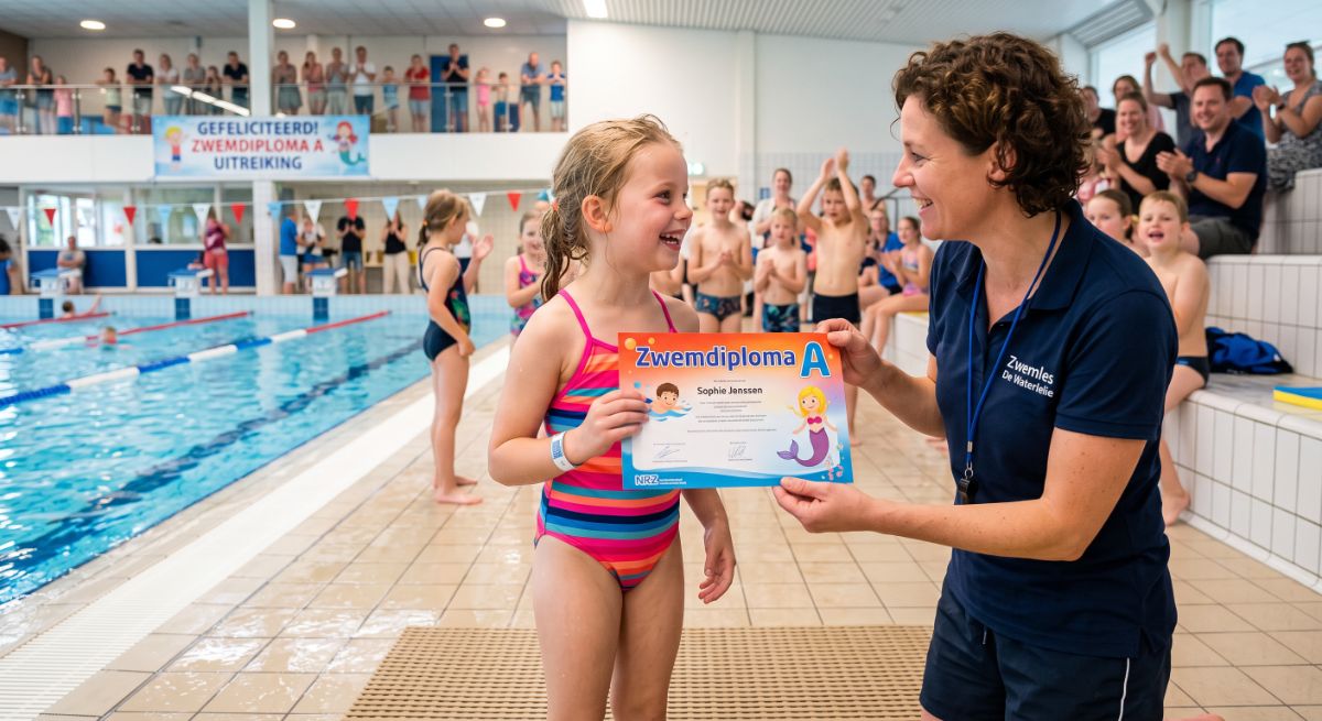 Kind zwemt af voor zwemdiploma A (AI-gegenereerde afbeelding)