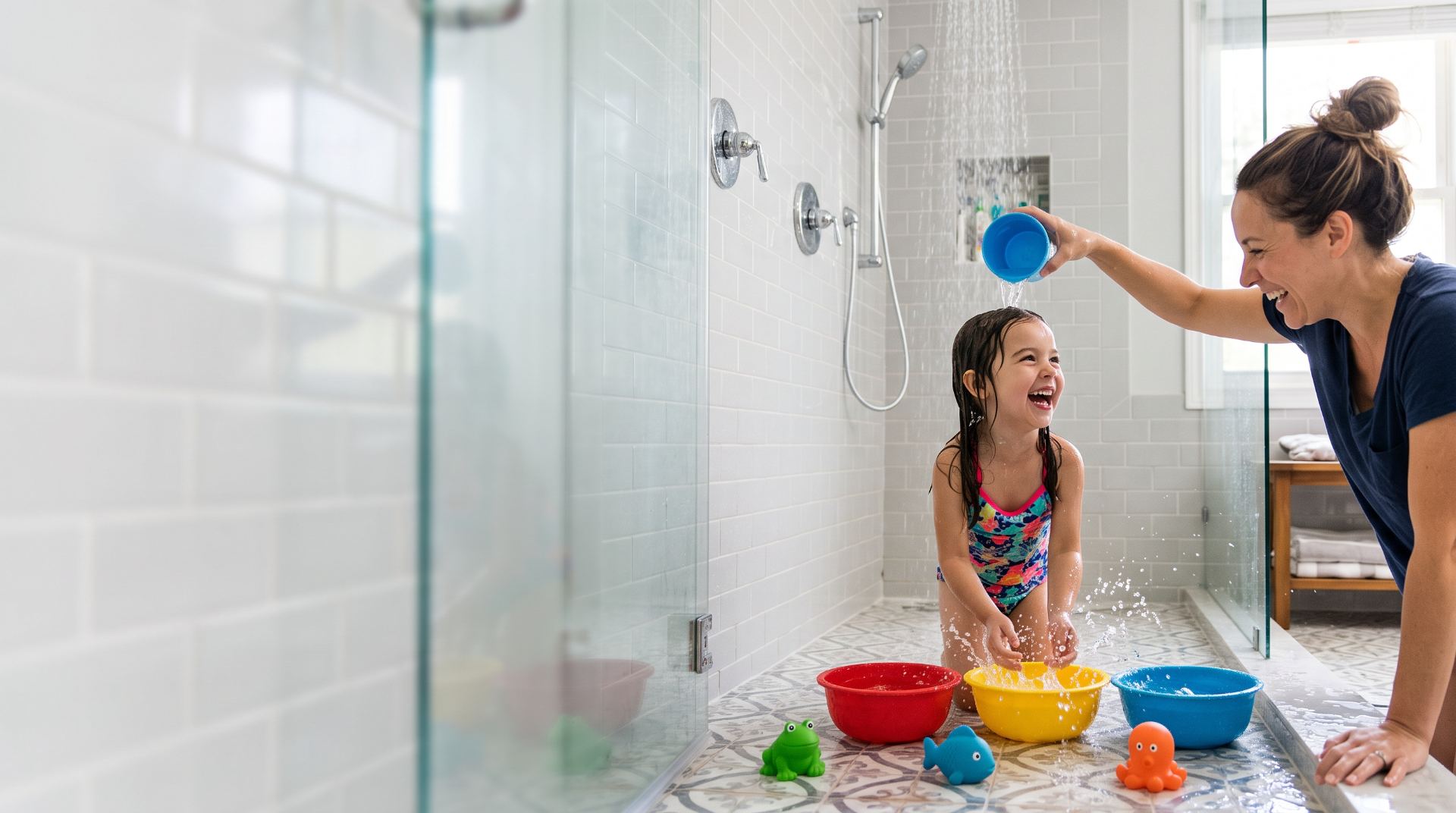 Moeder giet water over het hoofd van haar lachende dochter onder de douche, als oefening voor zwemles (AI-gegenereerde afbeelding)